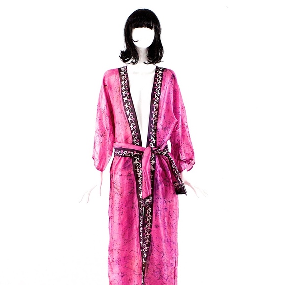 VTG 70's India Hand Blocked Long Silk Kimono - Picture 1 of 6